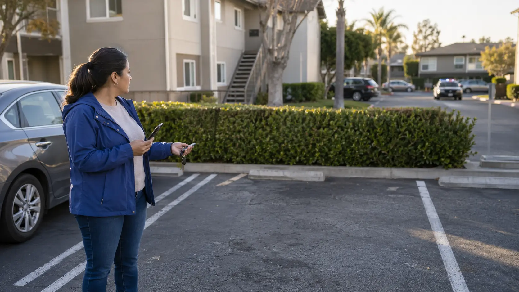 Vehicle owner holding keys and a phone beside an empty parking space as police arrive