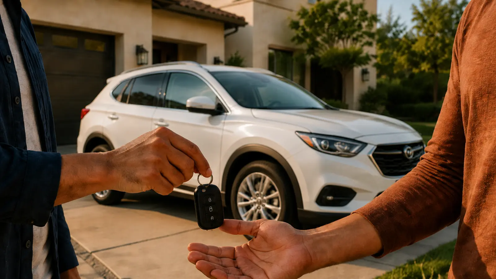 One person handing car keys to another person beside a white SUV facing right